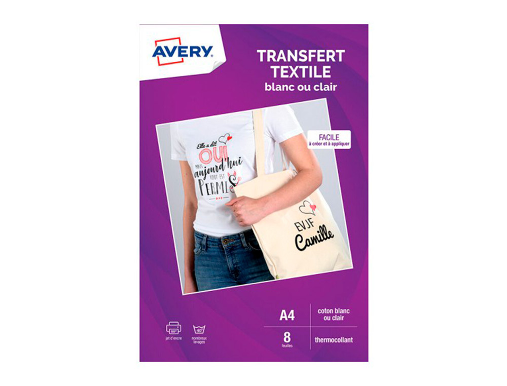 TRANSFERT TEXTILE AVERY A4 JET D ENCRE PAQUET DE 8       COLORIS BLANC OU CLAIR