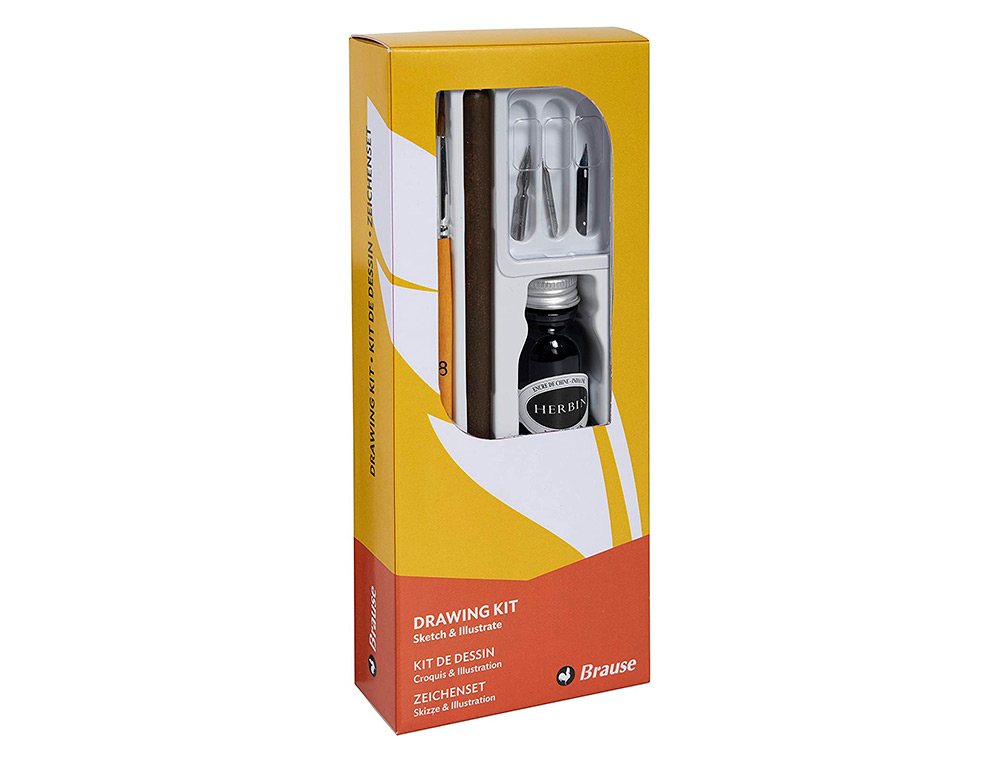COFFRET PLUMES-DESSIN BRAUSE COMPOS DE 1 PLUME EN BOIS 3 PLUMES 1 PINCEAU 1 FLACON D'ENCRE NOIRE 15ML