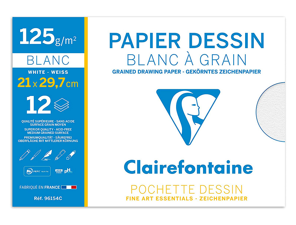 POCHETTE DESSIN   GRAIN CLAIREFONTAINE A4 BLANC 125GR 21X29,7CM 12F