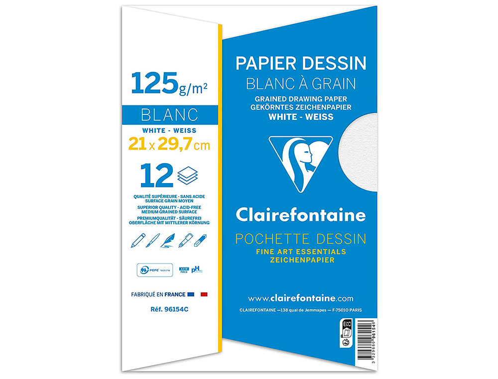 POCHETTE DESSIN   GRAIN CLAIREFONTAINE A4 BLANC 125GR 21X29,7CM 12F