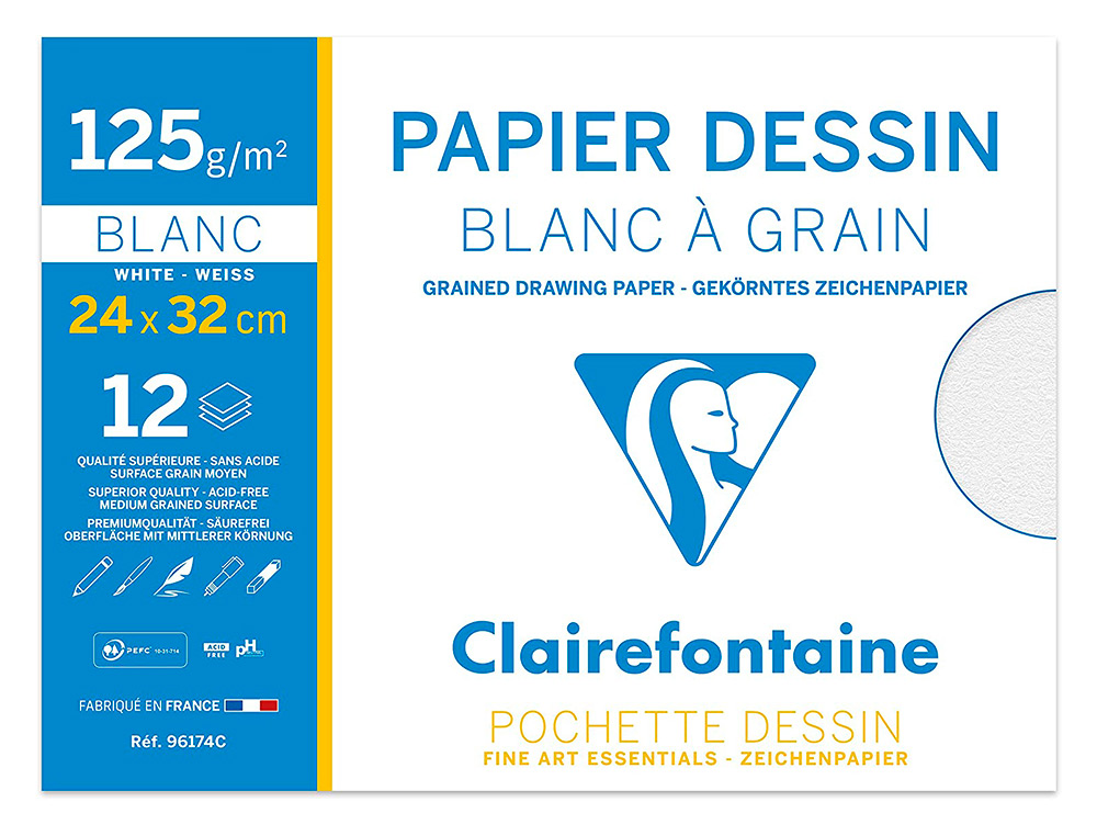 POCHETTE DESSIN GRAIN CLAIREFONTAINE BLANC 125GR 24X32CM 12F