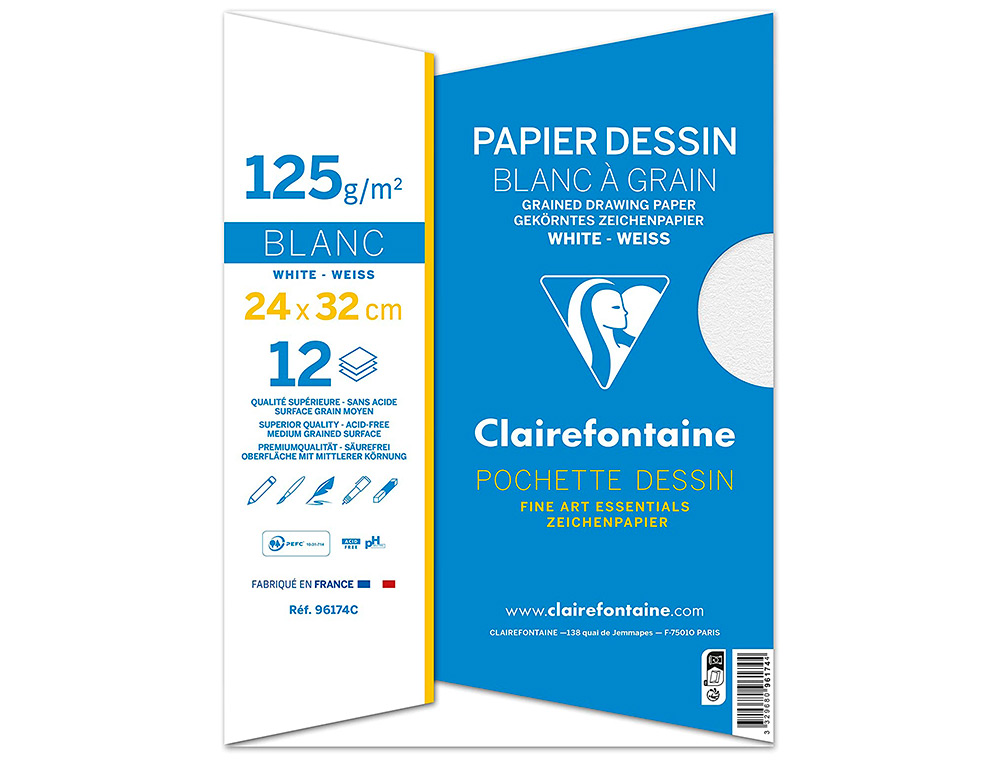 POCHETTE DESSIN GRAIN CLAIREFONTAINE BLANC 125GR 24X32CM 12F