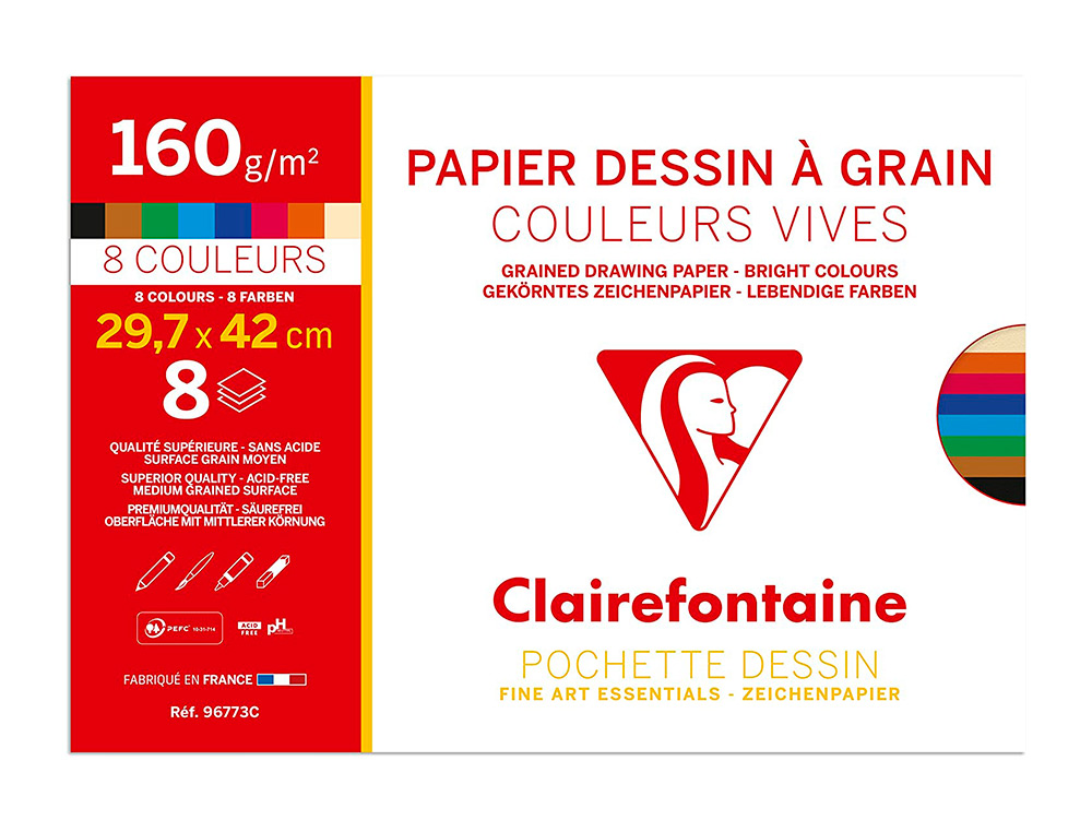 PAPIER DESSIN GRAIN CLAIREFONTAINE A3 ASSORTIMENT VIF 160GR 8F