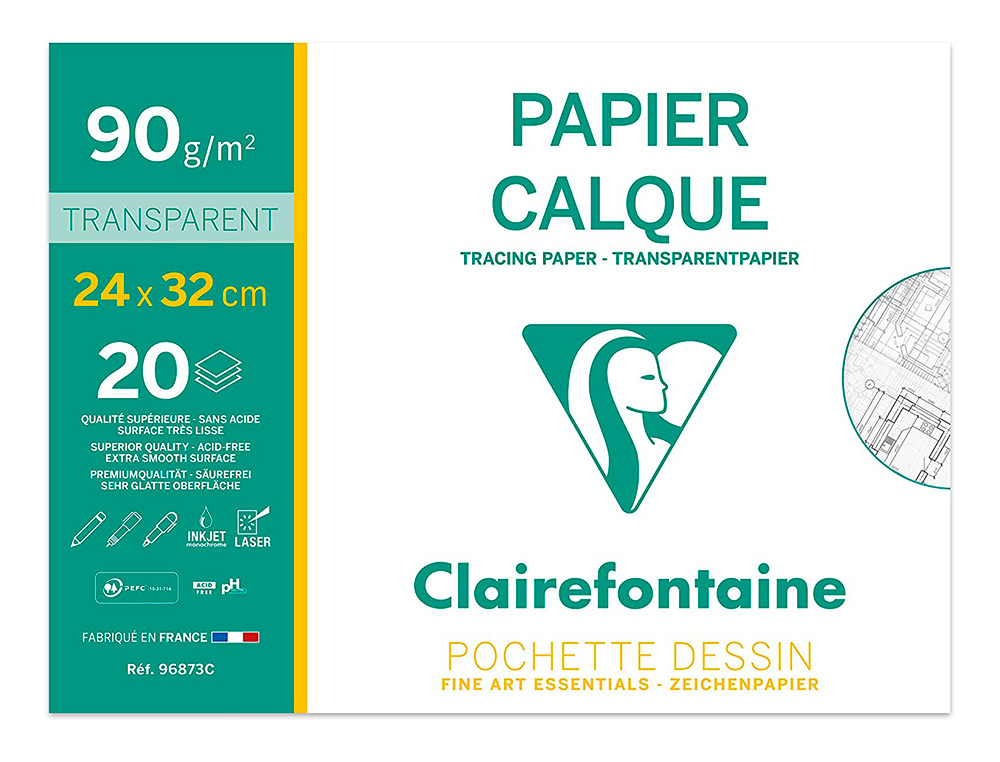 POCHETTE PAPIER CALQUE CLAIREFONTAINE 90/95GR 24X32CM 20F
