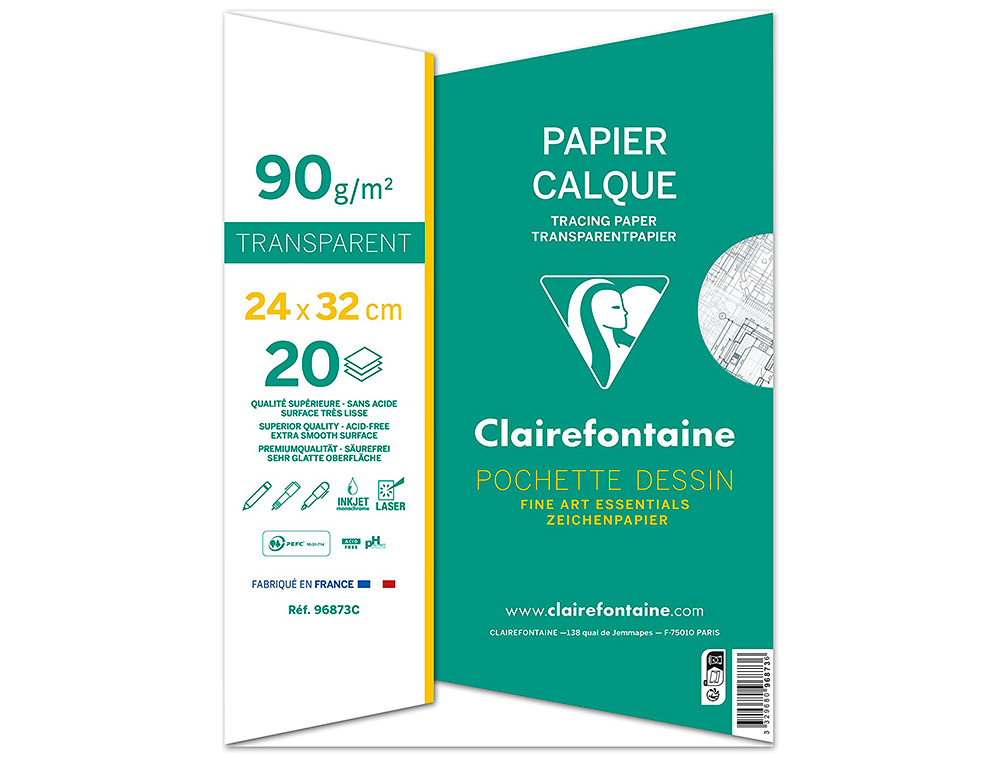 POCHETTE PAPIER CALQUE CLAIREFONTAINE 90/95GR 24X32CM 20F