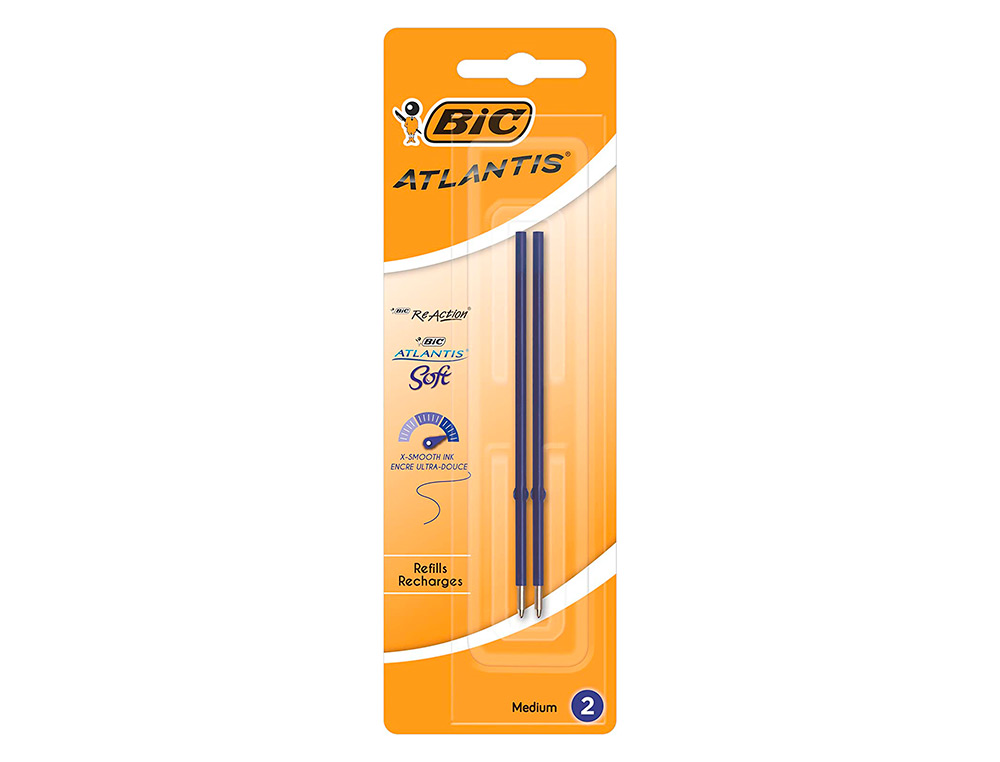 STYLO-BILLE BIC ATLANTIS SOFT POINTE MOYENNE 1,0MM BLISTER  DE 2 RECHARGES BLEU