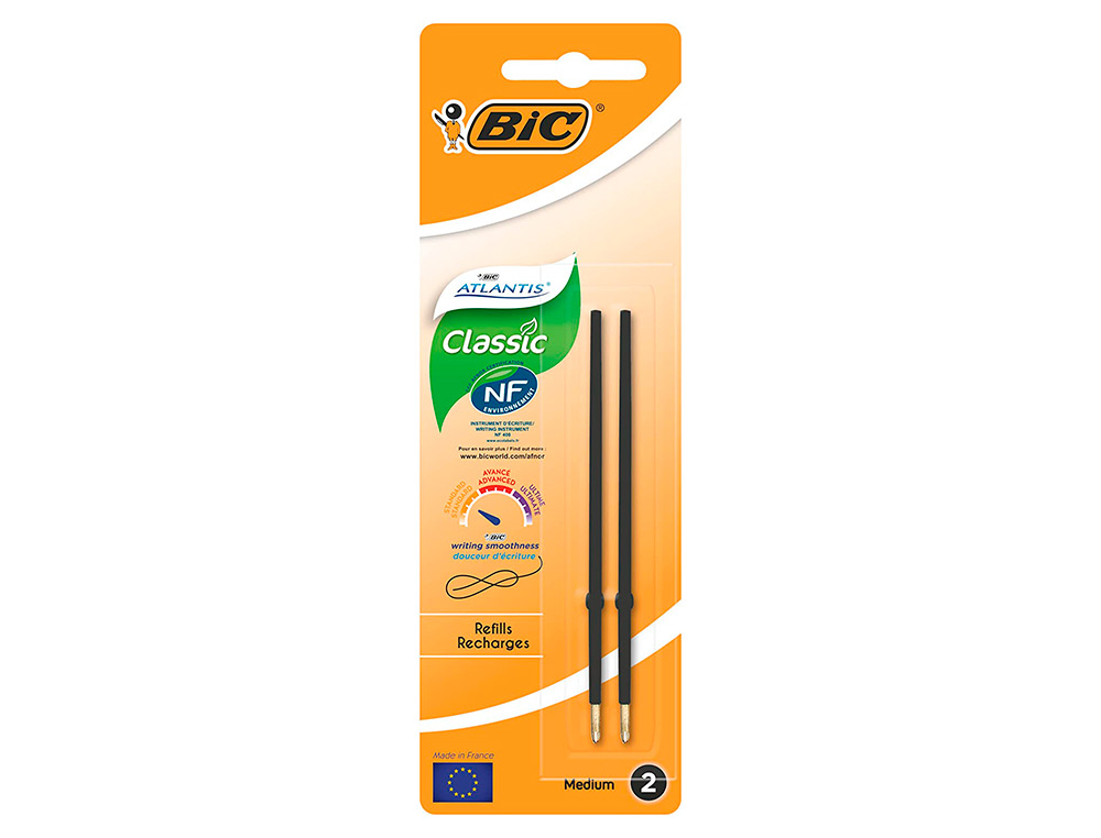 STYLO-BILLE BIC ATLANTIS SOFT POINTE MOYENNE 1,0MM BLISTER DE 2 RECHARGES NOIR