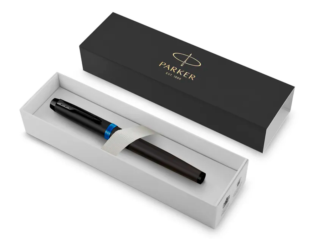 STYLO-PLUME PARKER IM VIBRANT RINGS NOIR LAQUE DETAILS BLEU OCEAN POINTE MOYENNE ENCRE    BLEU ETUI CADEAU