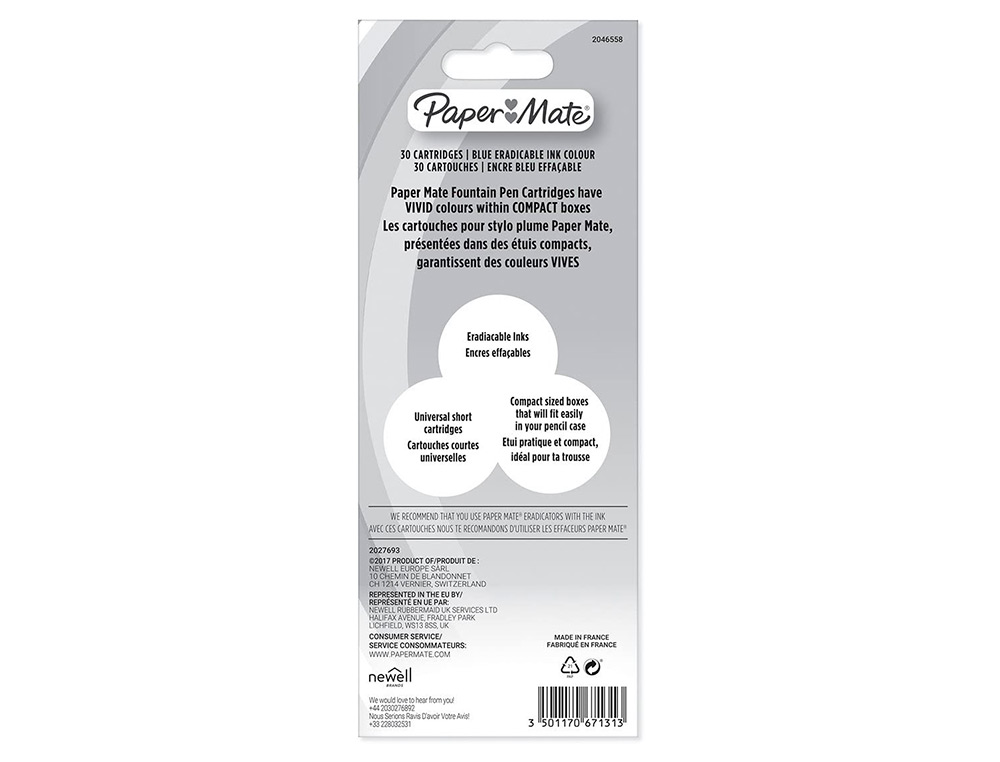 CARTOUCHE ENCRE PAPER MATE BLISTER DE 30 ENCRE BLEU