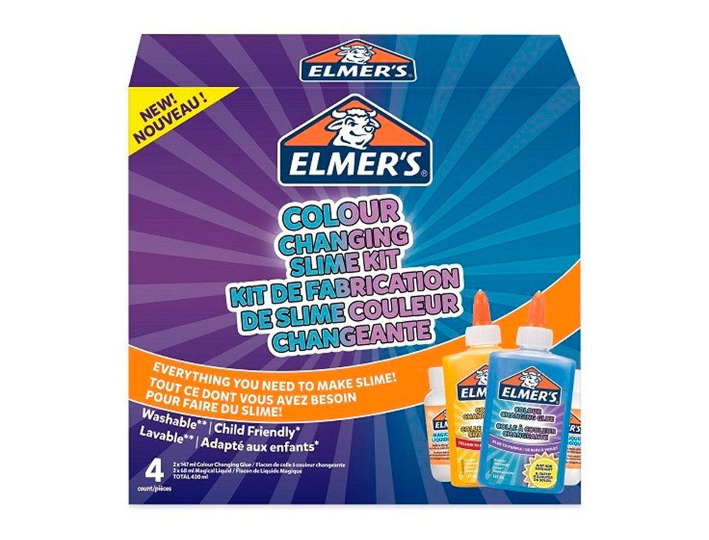KIT POUR SLIME CHANGUEMENT COULEUR ELMER'S COLLE /LIQUIDE MAGIQUE /ACTIVATEUR SLIME BLEU/VIOLET ET JAUNE/ROUGE