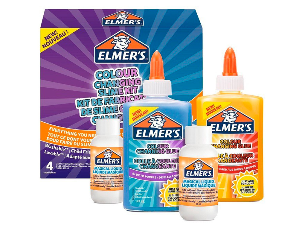 KIT POUR SLIME CHANGUEMENT COULEUR ELMER'S COLLE /LIQUIDE MAGIQUE /ACTIVATEUR SLIME BLEU/VIOLET ET JAUNE/ROUGE