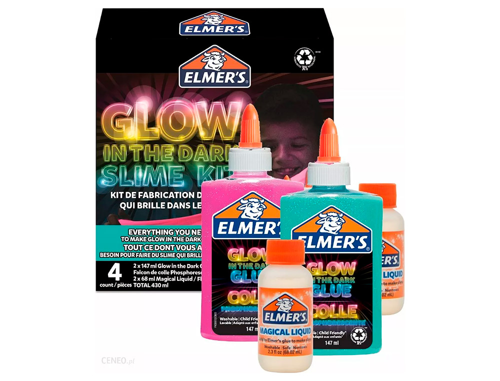 KIT POUR SLIME PHOSPHORESCENT ELMER'S 2 FLACONS COLLE / 2   FLACONS LIQUIDE MAGIQUE BLEU ET ROSE