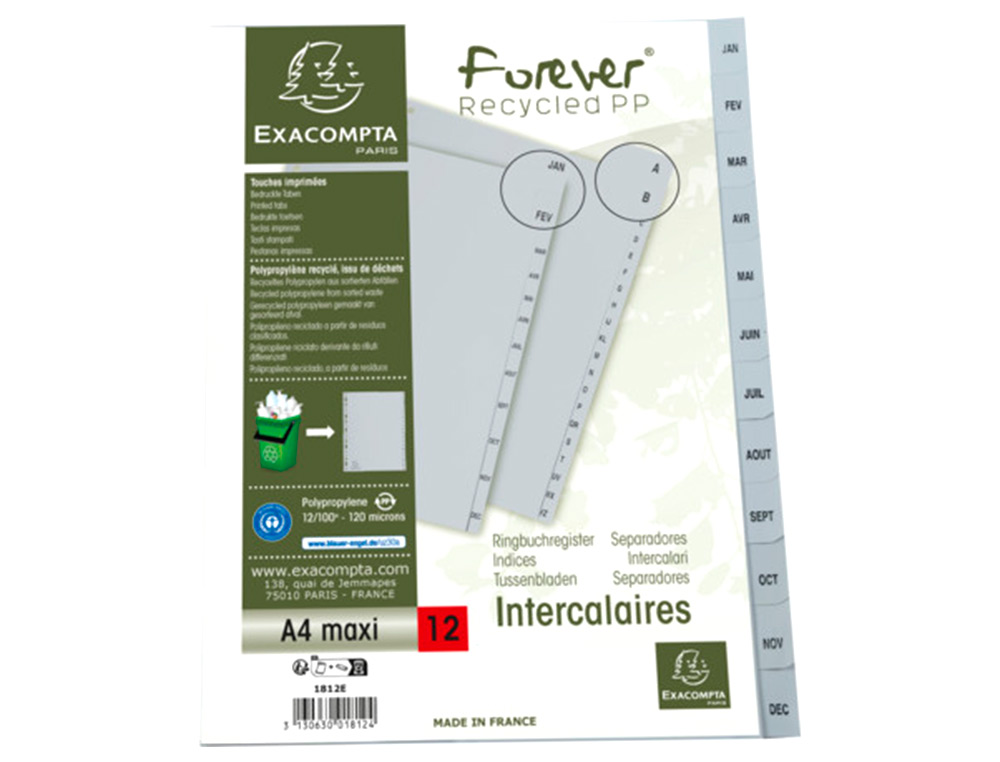 INTERCALAIRES IMPRIMES MENSUELS EXACOMPTA            POLYPROPYLENE A4 12POSITIONES / MOIS GRIS
