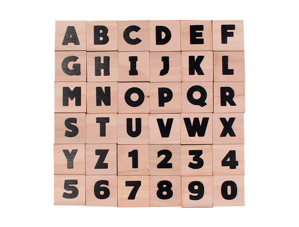 TAMPONS SODERTEX LETTRES ET CHIFFRES MAJUSCULES EN BOIS 2X2X2CM 36 PIECES