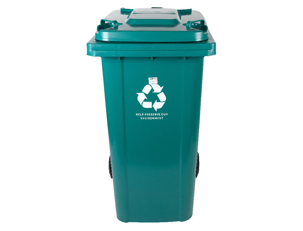 POUBELLE CONTENEUR Q-CONNECT PLASTIQUE AVEC COUVERCLE ET ROUES CAPACITE 240L 1040X620X610 MM COLORIS VERT