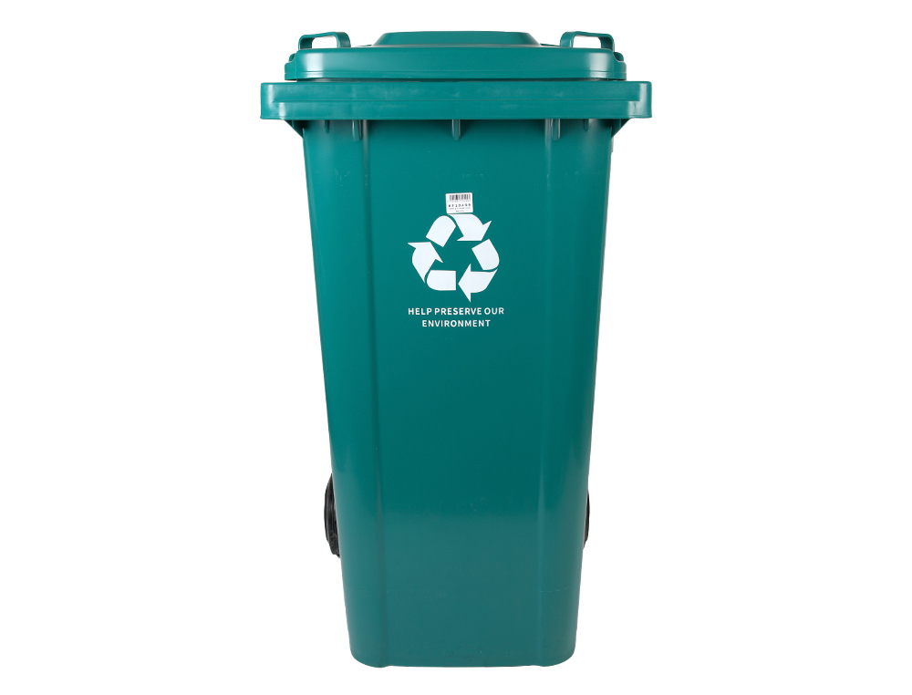 POUBELLE CONTENEUR Q-CONNECT PLASTIQUE AVEC COUVERCLE ET ROUES CAPACITE 240L 1040X620X610 MM COLORIS VERT