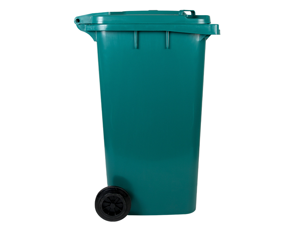 POUBELLE CONTENEUR Q-CONNECT PLASTIQUE AVEC COUVERCLE ET ROUES CAPACITE 240L 1040X620X610 MM COLORIS VERT