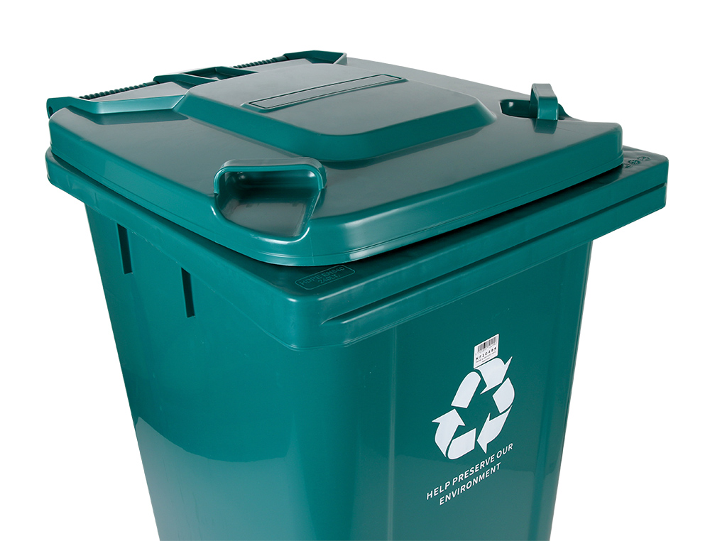 POUBELLE CONTENEUR Q-CONNECT PLASTIQUE AVEC COUVERCLE ET ROUES CAPACITE 240L 1040X620X610 MM COLORIS VERT