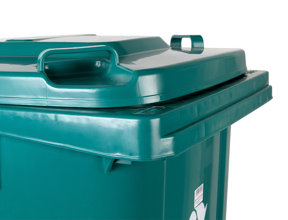 POUBELLE CONTENEUR Q-CONNECT PLASTIQUE AVEC COUVERCLE ET ROUES CAPACITE 240L 1040X620X610 MM COLORIS VERT