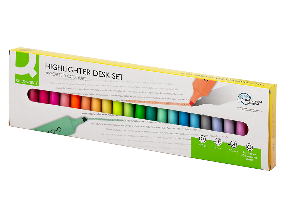 SURLIGNEUR Q-CONNECT FLUORESCENT POINTE BISEAUTEE ETUI DE BUREAU 23 UNITES COLORIS ASSORTIS