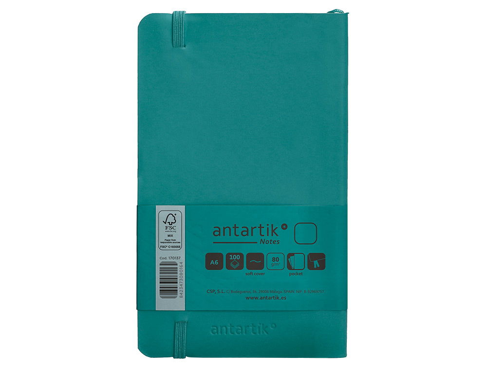CARNET A6 ANTARTIK NOTES PAPIER UNI IVOIRE COUVERTURE SOUPLE FERMETURE ELASTIQUE 100PAGES 80GR COLORIS VERT PAON