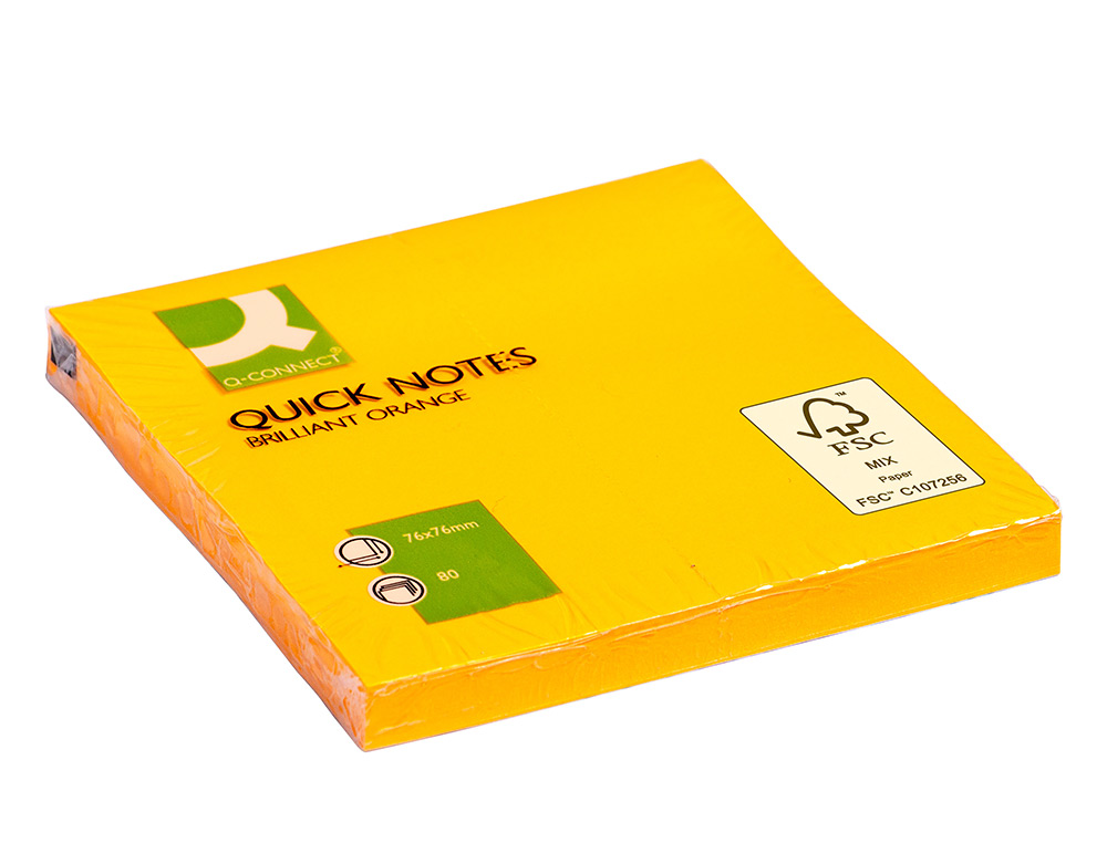 BLOC-NOTES Q-CONNECT QUICK NOTES COULEURS NÉON 76X76MM 80F REPOSITIONNABLES COLORIS ORANGE VIF