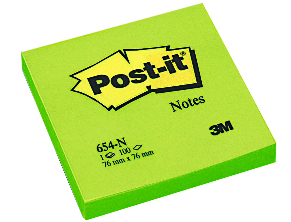 BLOC-NOTES POST-IT COULEURS NÉON 76X76MM 100F REPOSITIONNABLES COLORIS VERT FLUO