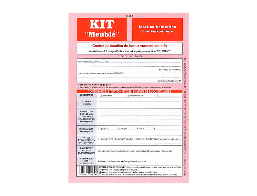 KIT CONTRAT LOCATION MEUBLE NON SAISONNIRE WEBER DIFFUSION 8 PAGES CONTRAT INVENTAIRE CAUTION TAT LIEUX ENTRE SORTIE
