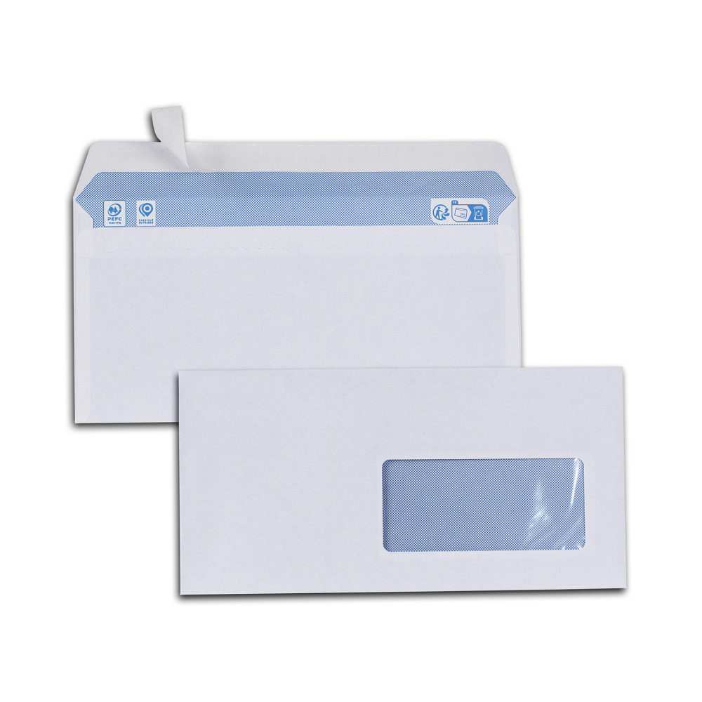 ENVELOPPE ÉCONOMIQUE DL 110X220MM 80G ADHÉSIVE FENÊTRE 45X100MM COLORIS BLANC BOÎTE 500 UNITÉS
