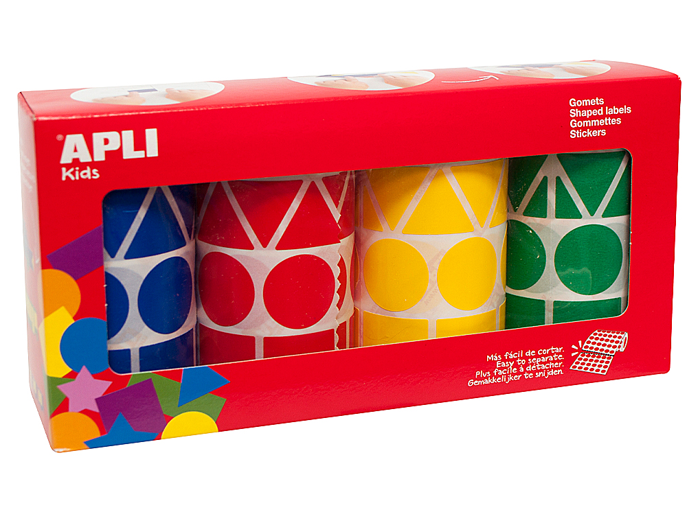 GOMMETTE GÉANTE APLI AGIPA GÉOMÉTRIQUE 4 COLORIS ASSORTIS BLEU ROUGE JAUNE VERT PACK 4 ROULEAUX 5428 UNITÉS