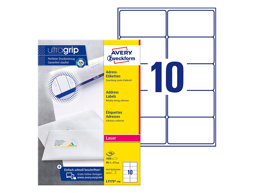 ÉTIQUETTE ADHÉSIVE AVERY LASER ÉCOLOGIQUE ENVELOPPES GRAND FORMAT 99.1X57MM BOÎTE 1000 UNITÉS