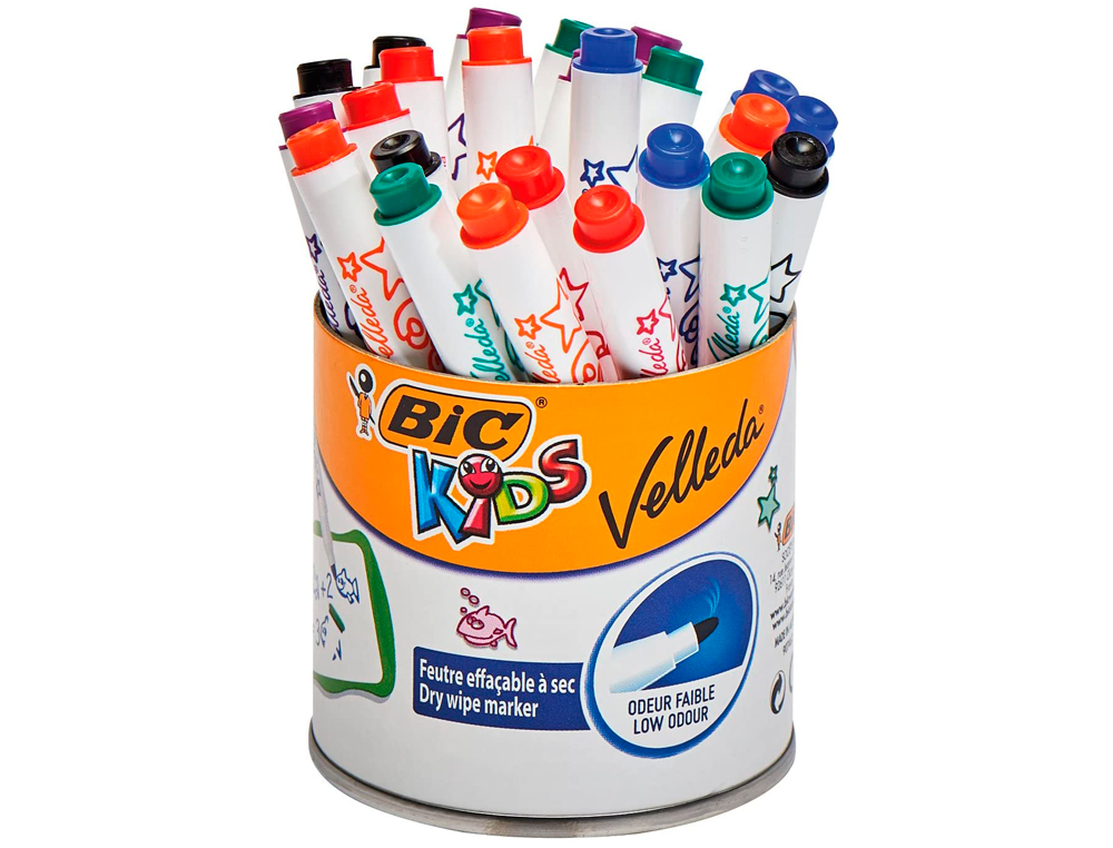 MARQUEUR BIC MINI VELLEDA CORPS PLASTIQUE EFFAÇABLE POINTE OGIVE 1.2MM RÉSISTANTE FAIBLE ODEUR 6 COULEURS POT 24 UNITÉS