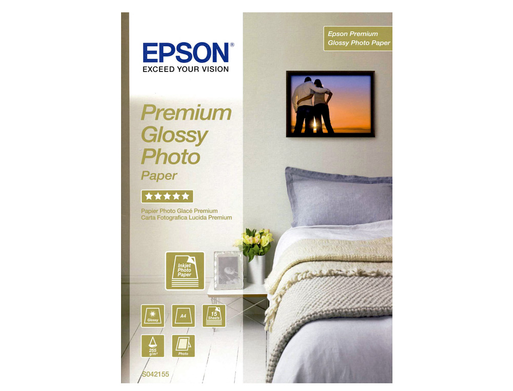 PAPIER PHOTO EPSON JET D'ENCRE PREMIUM GLOSSY GLACÉ SUPER BRILLANT A4 255G/M2 PAQUET 15 FEUILLES