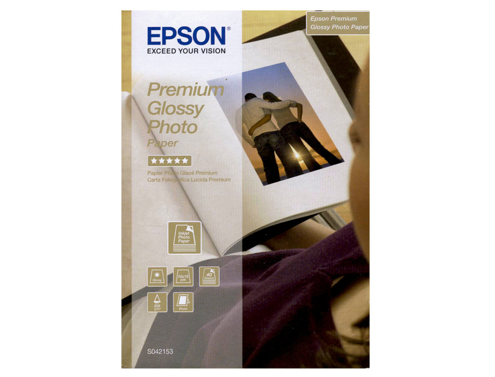 PAPIER PHOTO EPSON JET D'ENCRE PREMIUM GLOSSY GLACÉ SUPER BRILLANT 10X15CM 255G/M2 PAQUET 40 FEUILLES