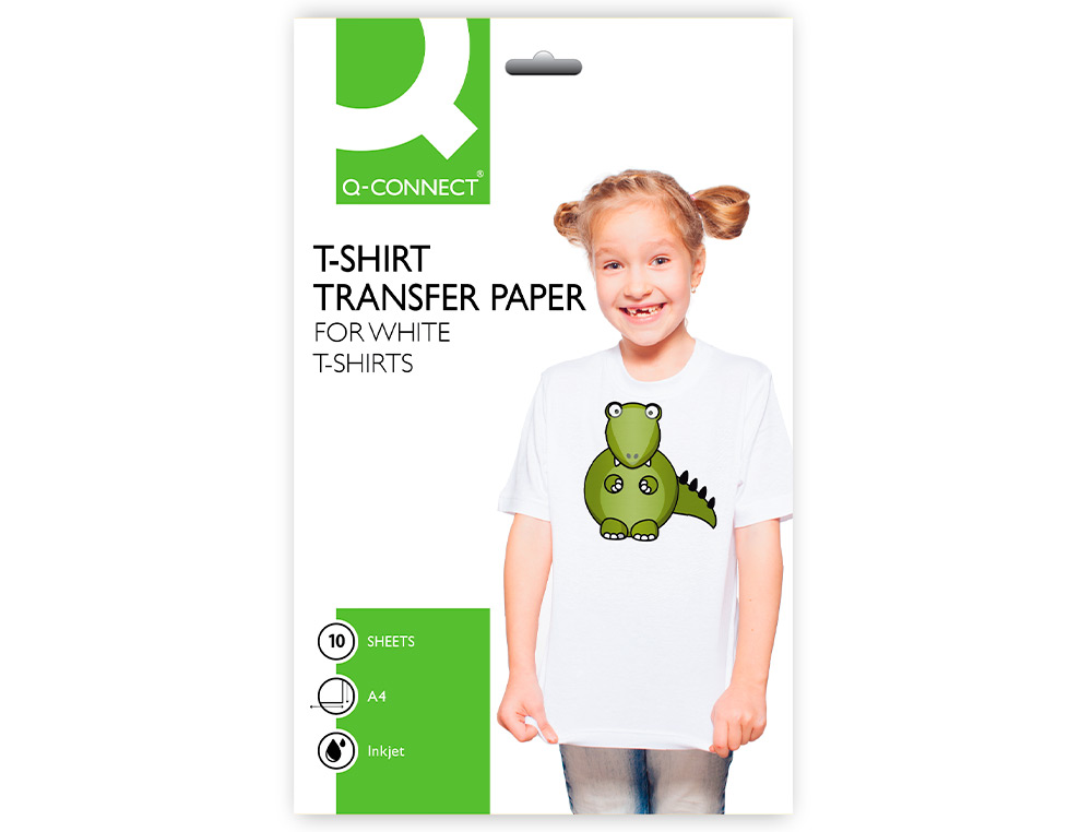 FEUILLE TRANSFERT Q-CONNECT POUR TEE-SHIRT COTON COLORIS BLANC COMPATIBLE TOUTE IMPRIMANTE JET D'ENCRE A4 PAQUET 10F