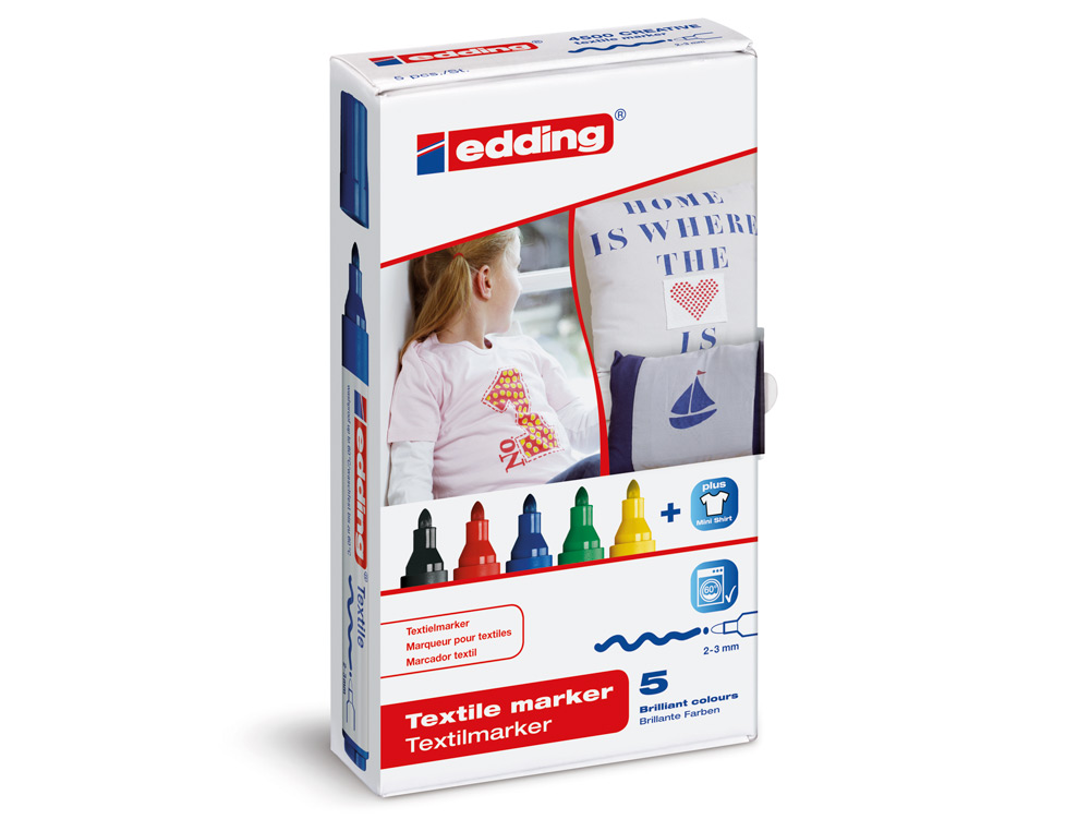 MARQUEUR TEXTILE EDDING E4500 POINTE MOYENNE TRACÉ 2/3MM INDÉLÉBILE 60 DEGRÉS SÉCHAGE RAPIDE ÉTUI 5 UNITÉS