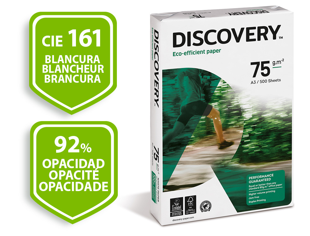 PAPIER DISCOVERY MULTIFONCTION GRAND VOLUME SANS BOURRAGE A3 75G/M2 BLANCHEUR 161 OPACITÉ 92 RIGIDITÉ 100 500 FEUILLES