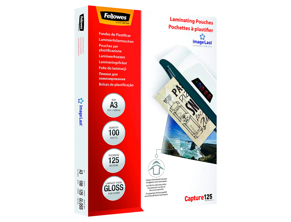 POCHETTE PLASTIFICATION FELLOWES À CHAUD POLYESTER TRANSPARENT RÉSISTANT EAU FORMAT A3 125 MICRONS BOÎTE 100 UNITÉS