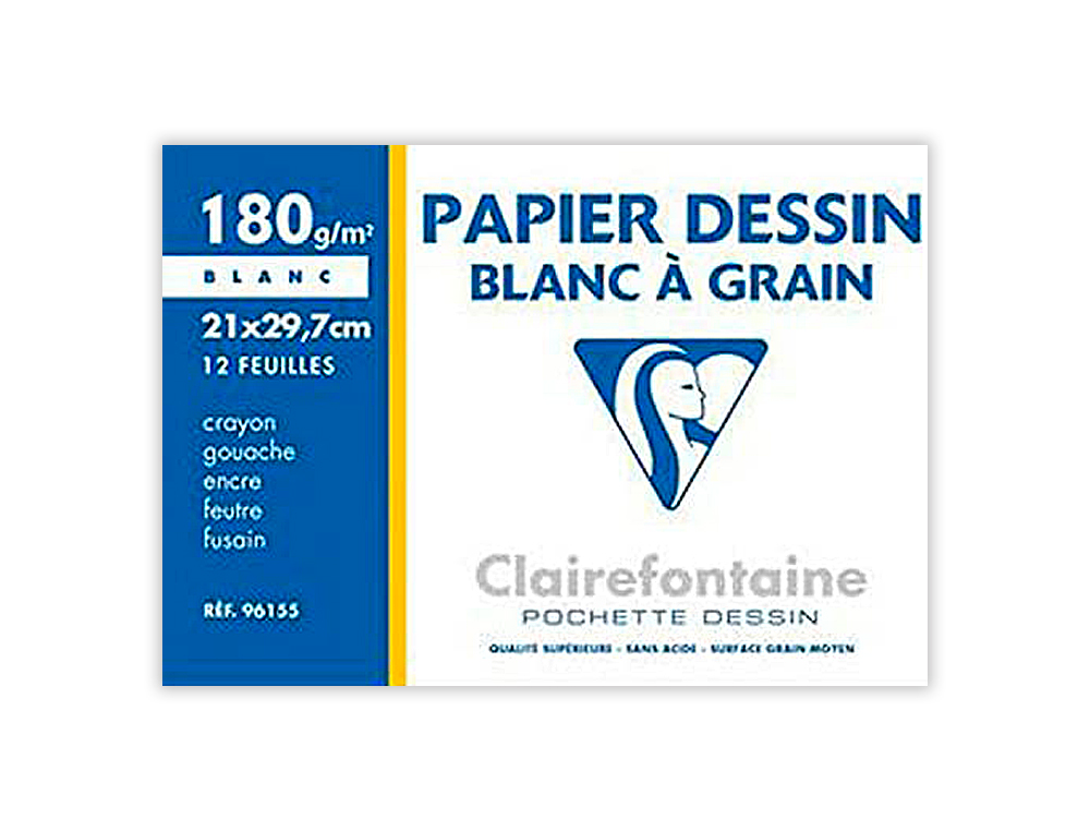 PAPIER DESSIN CLAIREFONTAINE GRAIN LÉGER PRONONCÉ SANS ACIDE BLANCHEUR NATURELLE 180G A4 POCHETTE 12F