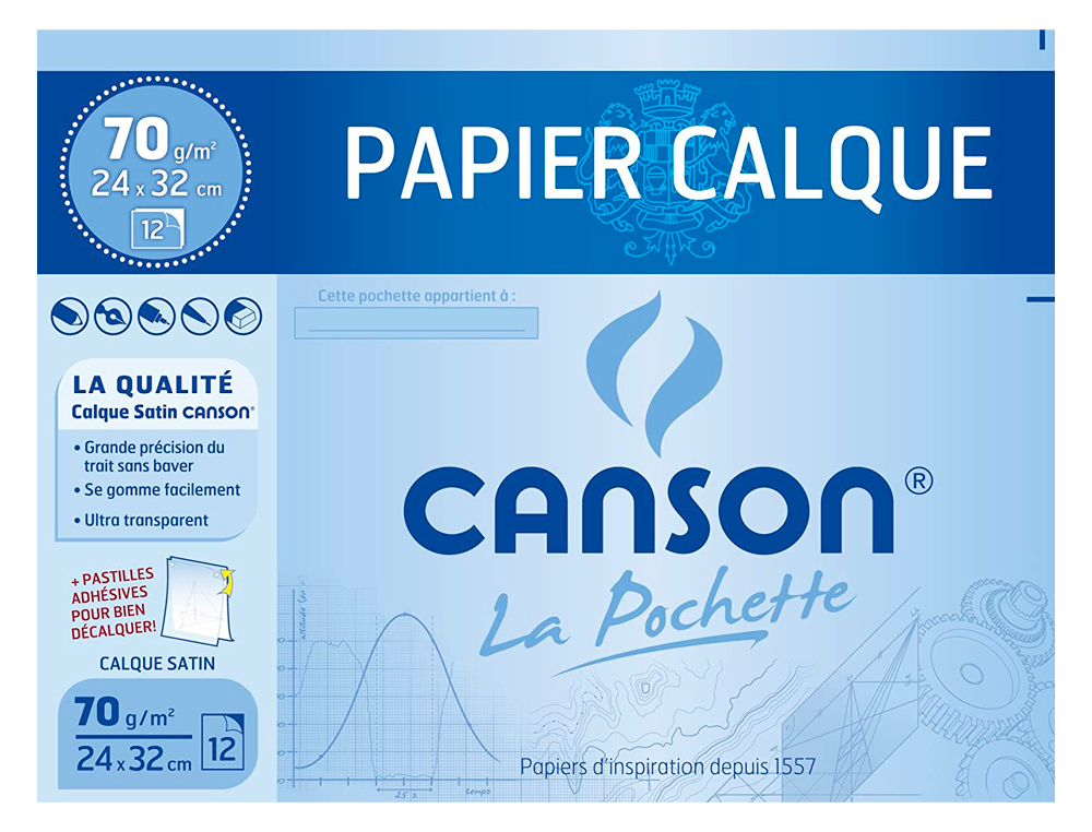 PAPIER CALQUE CANSON CRAYON ENCRE DESSIN INDUSTRIEL 70/75G A4+ 320X240MM POCHETTE 12F