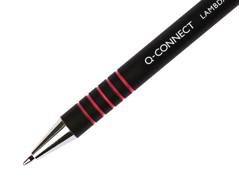 STYLO-BILLE Q-CONNECT LAMBDA RÉTRACTABLE ÉCRITURE MOYENNE 0.7MM POINTE MÉTAL CORPS CAOUTCHOUC COULEUR ENCRE ROUGE