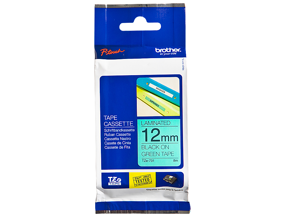 RUBAN LAMINÉ TZE POUR TITREUSE BROTHER P-TOUCH TZE731 12MM COLORIS IMPRESSION NOIR/VERT