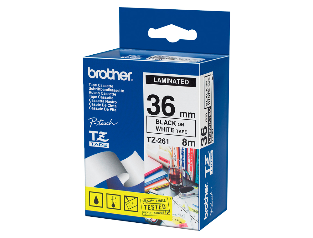 RUBAN LAMINÉ TZE POUR TITREUSE BROTHER P-TOUCH TZE261 36MM COLORIS IMPRESSION NOIR/BLANC