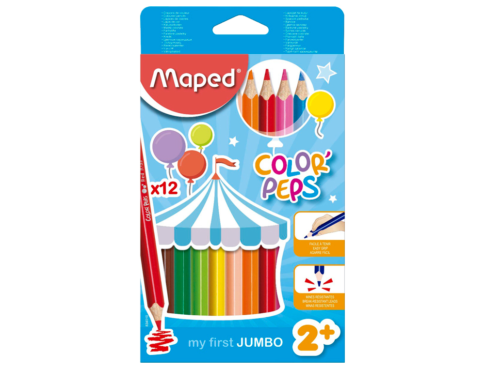 CRAYON COULEUR MAPED COLOR PEP'S JUMBO TRIANGULAIRE MINE TENDRE ULTRA-RÉSISTANTE COLORIS ASSORTIS ÉTUI CARTON 12 UNITÉS