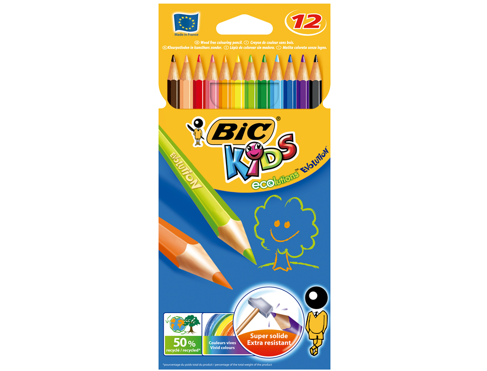 CRAYON COULEUR BIC KIDS EVOLUTION RÉSINE SYNTHÈSE 175MM MINE RÉSISTANTE RÉSISTE MORDILLAGE ÉTUI CARTON 12 UNITÉS