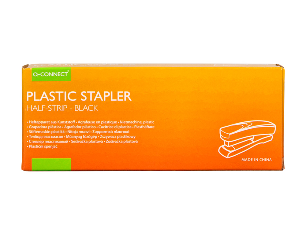 AGRAFEUSE BUREAU Q-CONNECT ÉCONOMIQUE PLASTIQUE 34X50X135MM 20 FEUILLES AGRAFES 24/6 ET 26/6 STRIP HALF COLORIS NOIR
