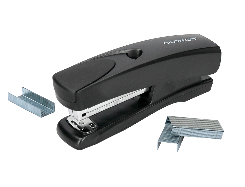 AGRAFEUSE BUREAU Q-CONNECT ÉCONOMIQUE PLASTIQUE 34X50X135MM 20 FEUILLES AGRAFES 24/6 ET 26/6 STRIP HALF COLORIS NOIR
