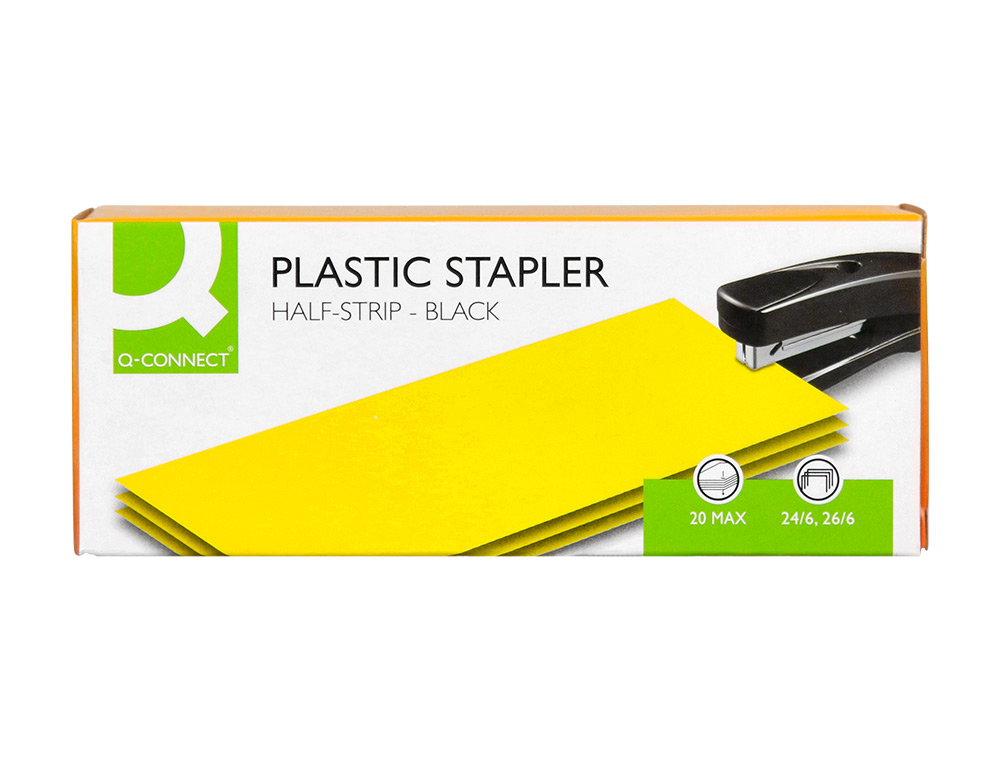 AGRAFEUSE BUREAU Q-CONNECT ÉCONOMIQUE PLASTIQUE 34X50X135MM 20 FEUILLES AGRAFES 24/6 ET 26/6 STRIP HALF COLORIS NOIR