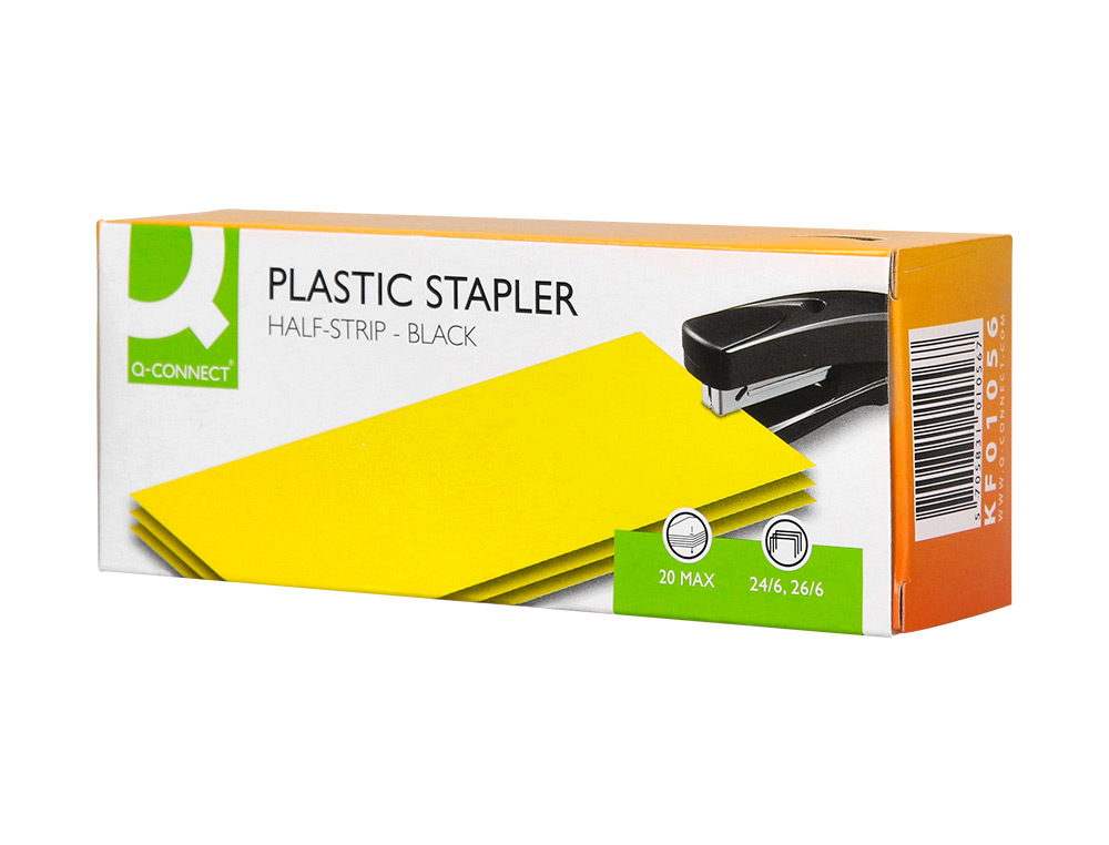 AGRAFEUSE BUREAU Q-CONNECT ÉCONOMIQUE PLASTIQUE 34X50X135MM 20 FEUILLES AGRAFES 24/6 ET 26/6 STRIP HALF COLORIS NOIR