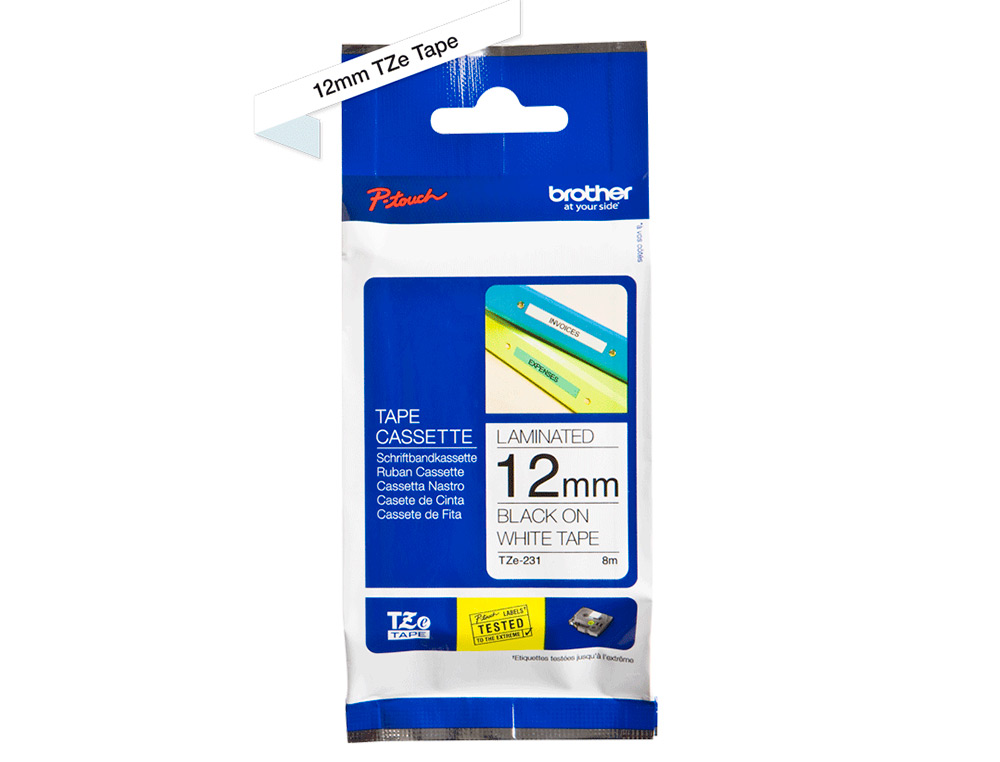 RUBAN LAMIN TZE POUR TITREUSE BROTHER P-TOUCH TZE231 12MM COLORIS IMPRESSION NOIR/BLANC